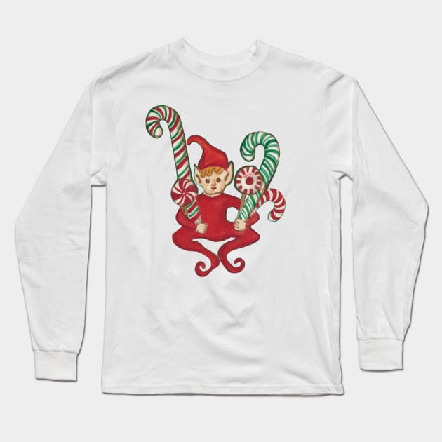 Candy Cane Sitting Elf Long Sleeve T-Shirt by astrongwater